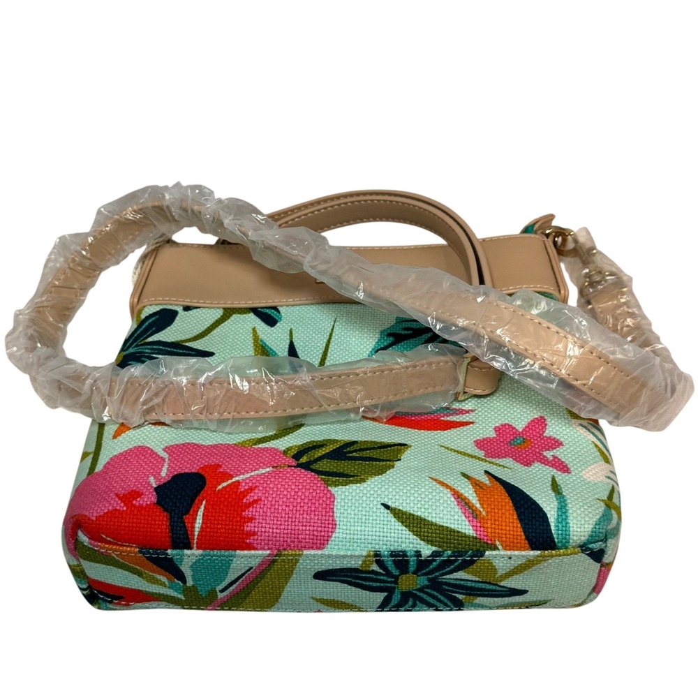 Spartina 449 Crossbody Bag 9" Aqua Tropical Floral Tan Adjustable Strap New - Picture 9 of 9